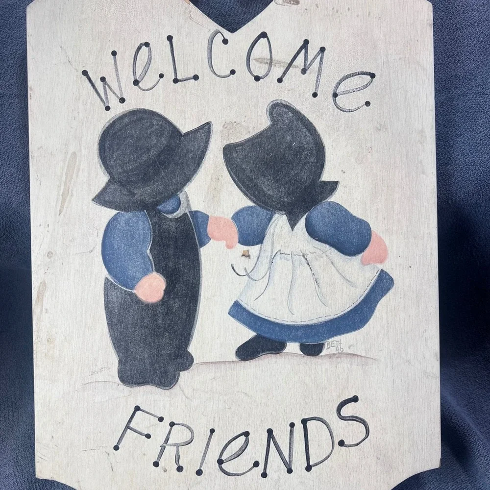 Vintage Hand Painted Amish Folk Art Wood Welcome Friends Sign Cottage Core 1996